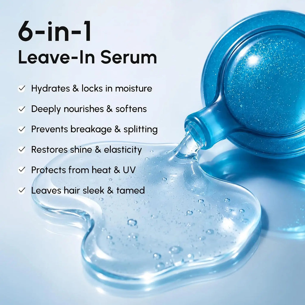Blue serum gel drop with jar lid, frizz-control leave-in styling