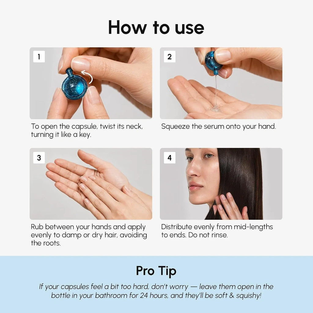 Hair oil capsule being opened and squeezed onto the palm for application