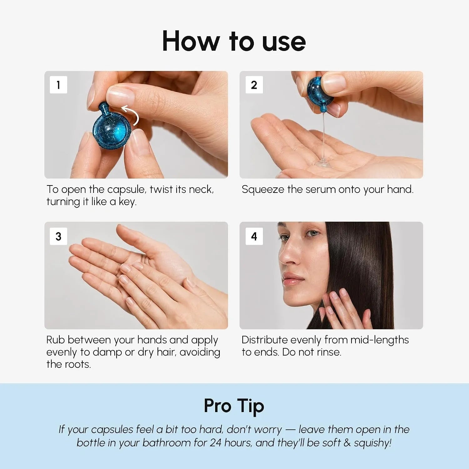 Hair oil capsule being opened and squeezed onto the palm for application