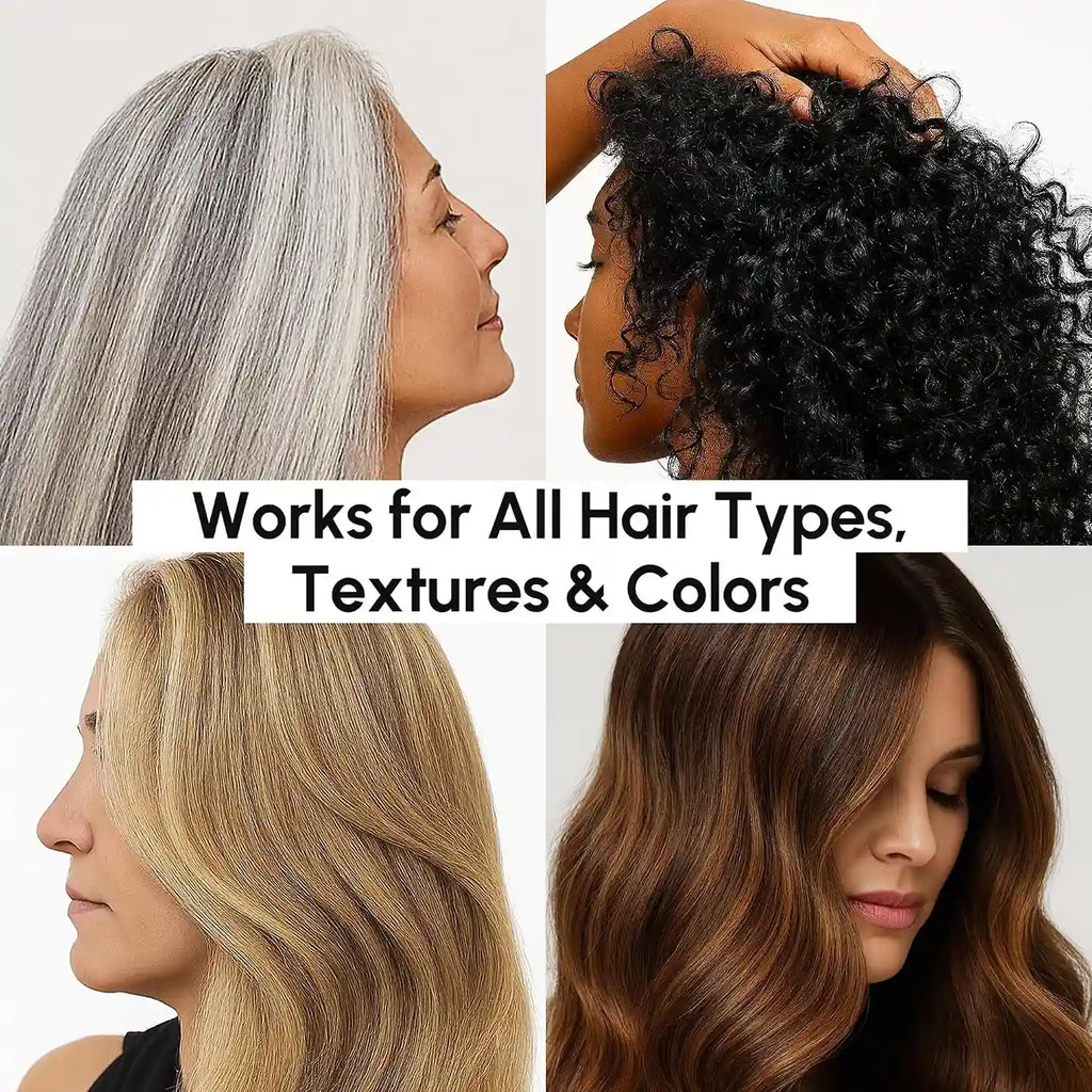Model portraits showing straight, wavy, and curly hair with reduced frizz and shine