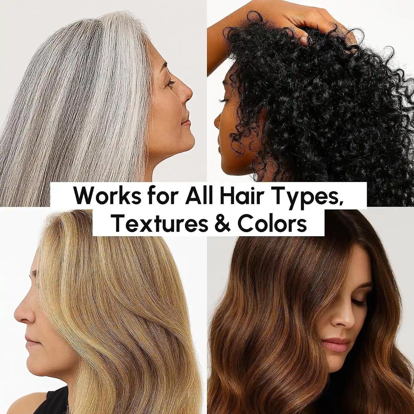 Model portraits showing straight, wavy, and curly hair with reduced frizz and shine