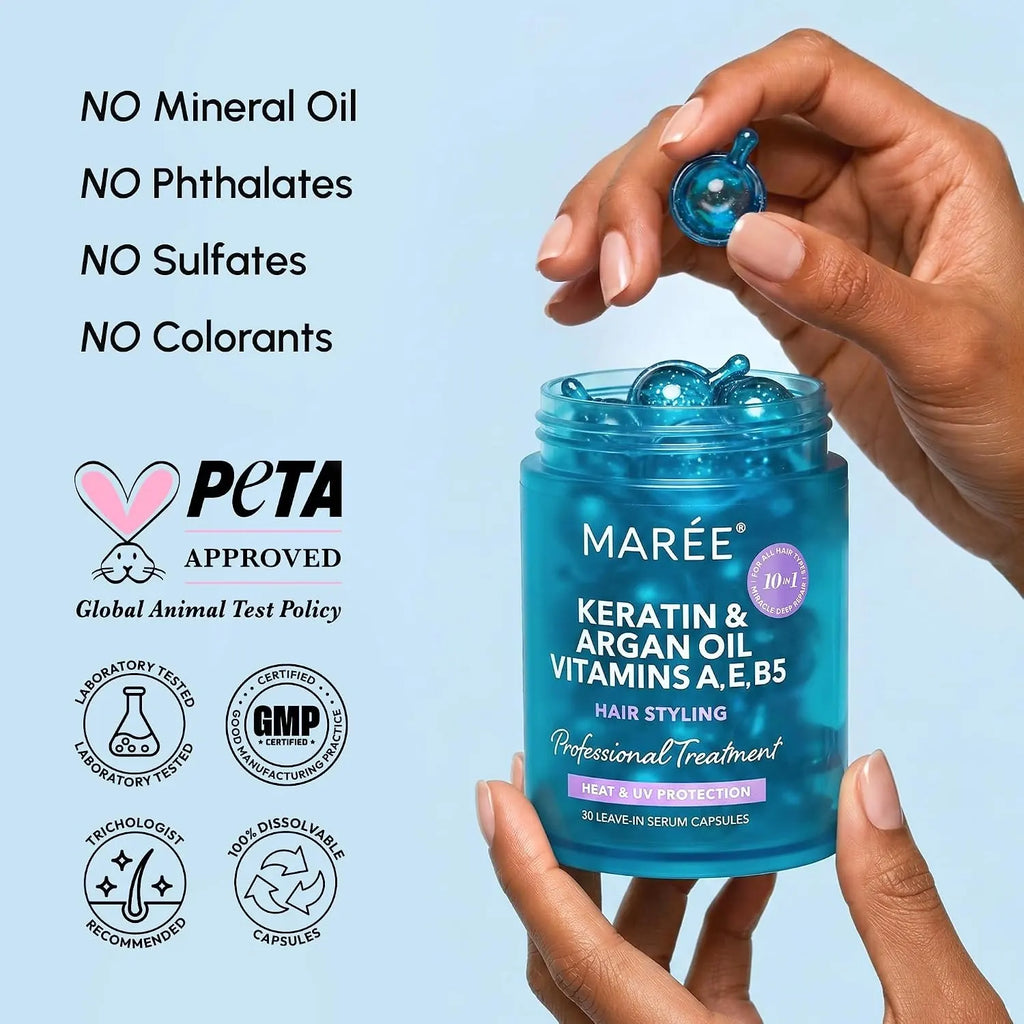 Blue hair styling capsule jar held in hands, teal cap open with visible capsules