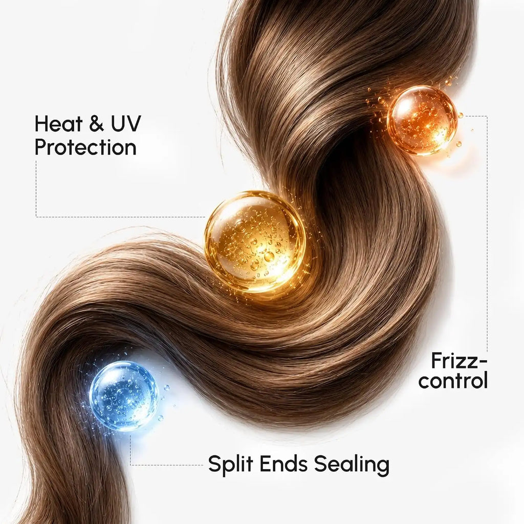 Brown hair strand with glowing gold droplets indicating heat and UV protection