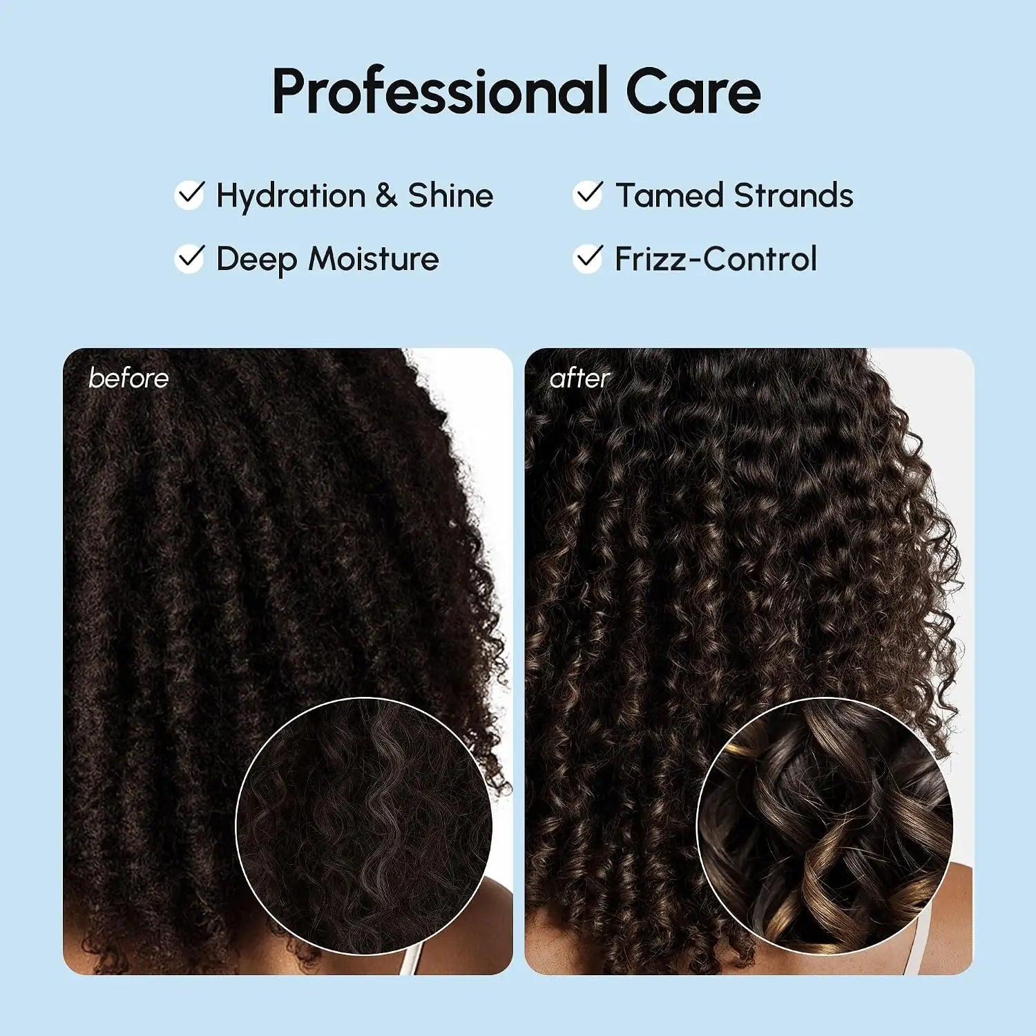 Before-and-after comparison on curly dark hair for smoother, frizz-control style