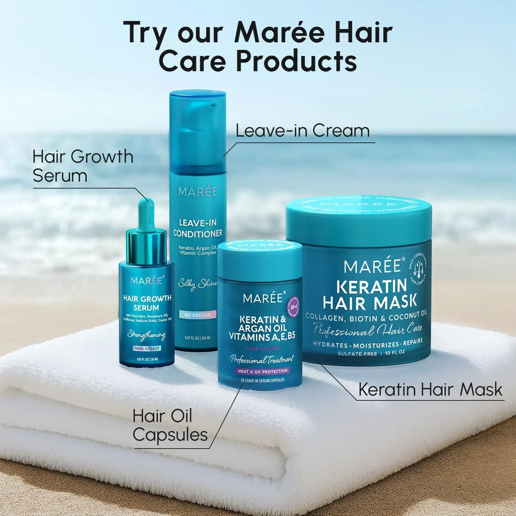 Mareé keratin hair oil capsules jar with matching hair care products