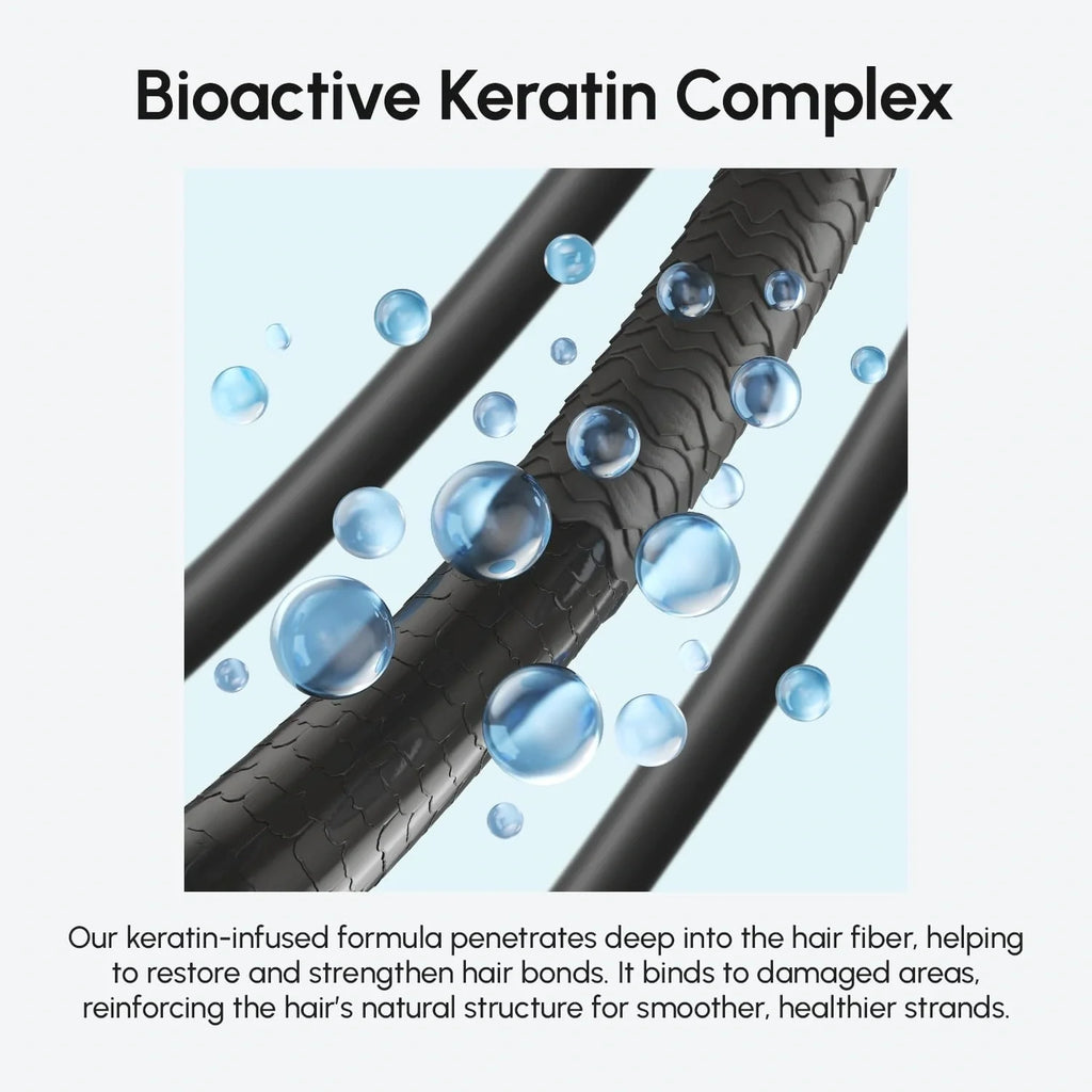 Keratin-infused formula illustration with dark hair strands and water droplets