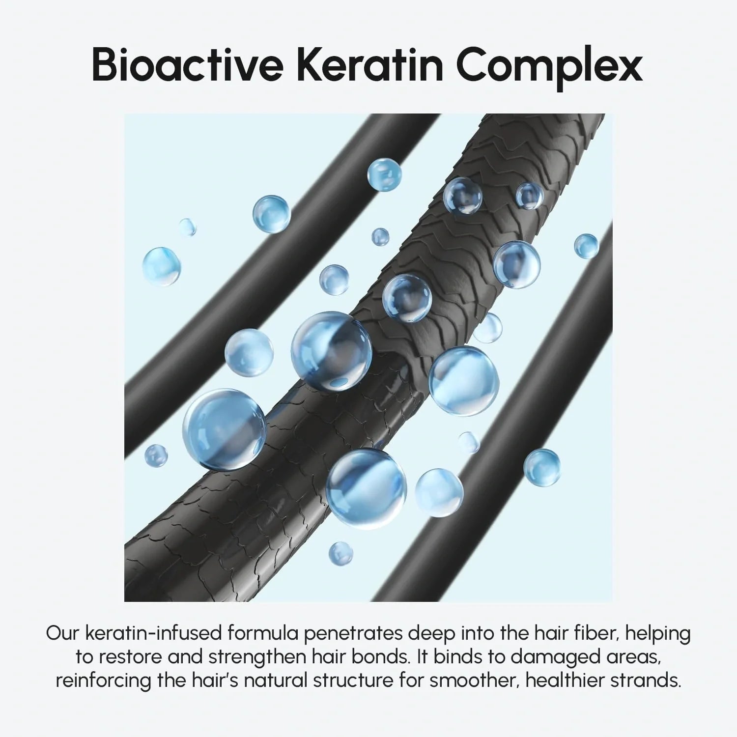 Keratin-infused formula illustration with dark hair strands and water droplets