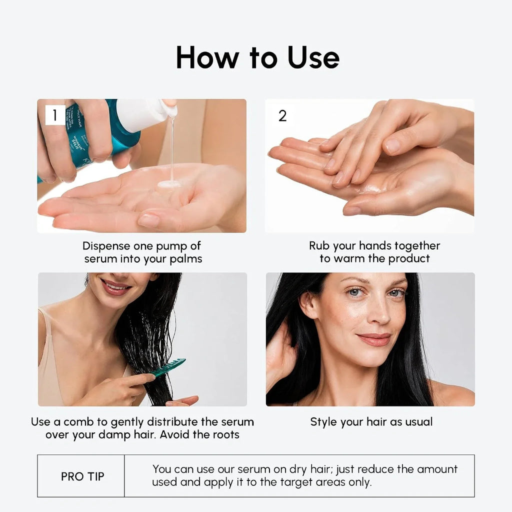 Hair oil serum usage guide showing pump dispensing and styling steps on hands and hair