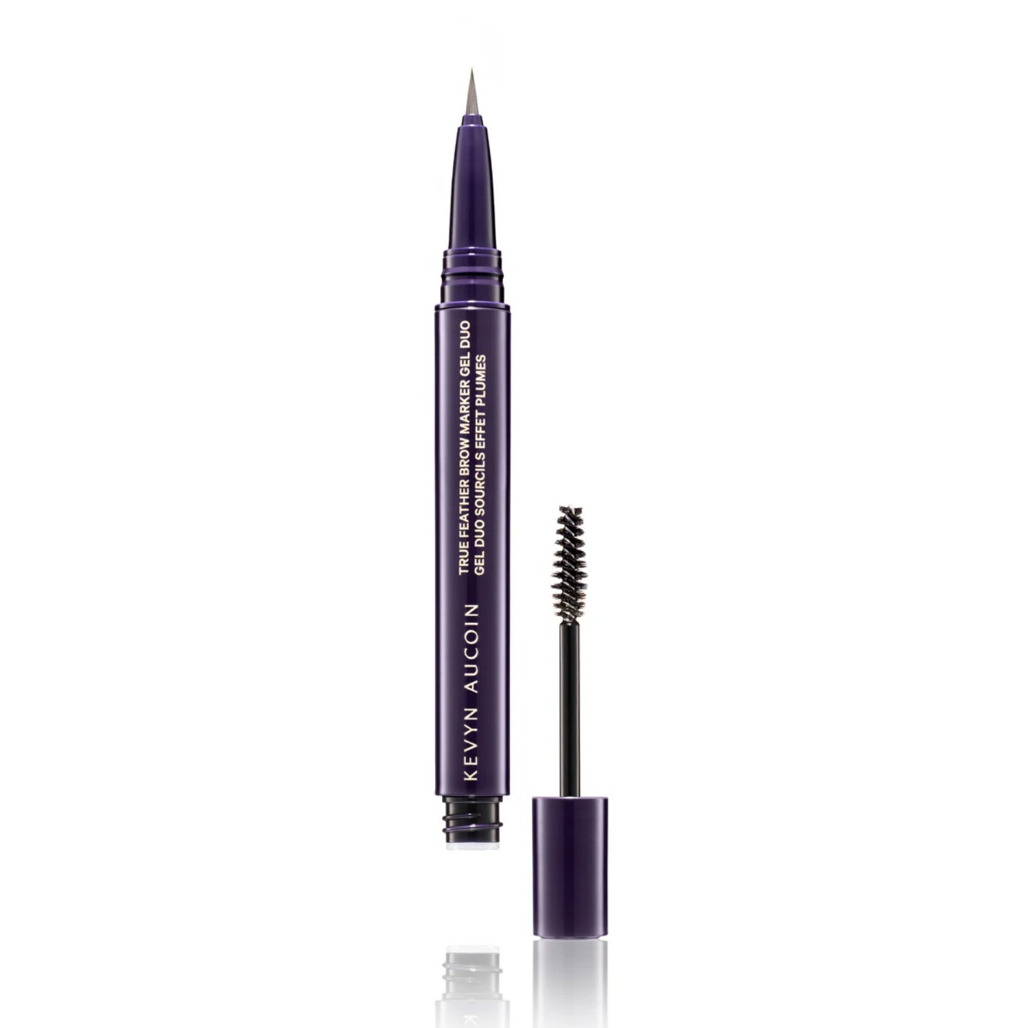 Brow marker gel duo with purple pen and spoolie brush, plus small gel tube