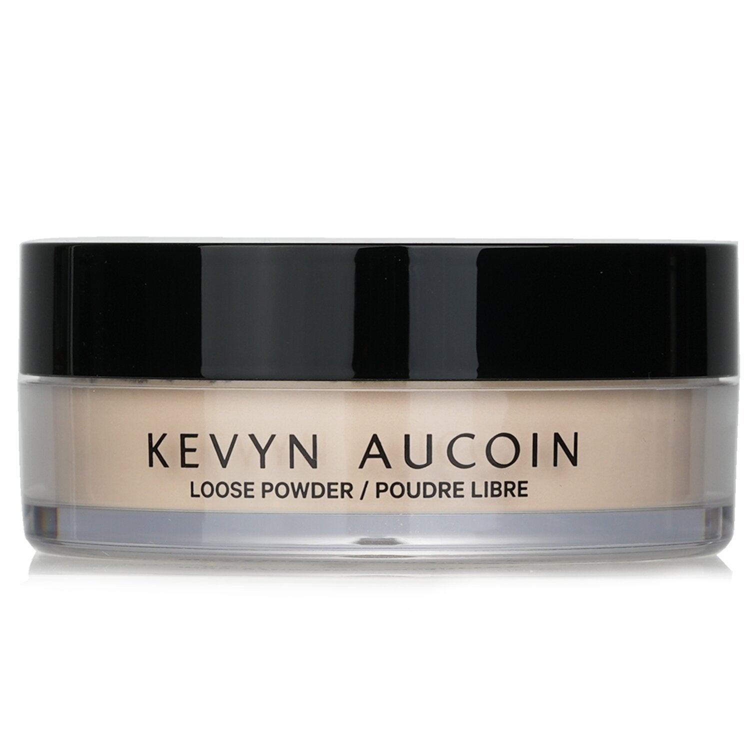 Kevyn Aucoin loose powder jar with black lid and clear container, beige powder visible.