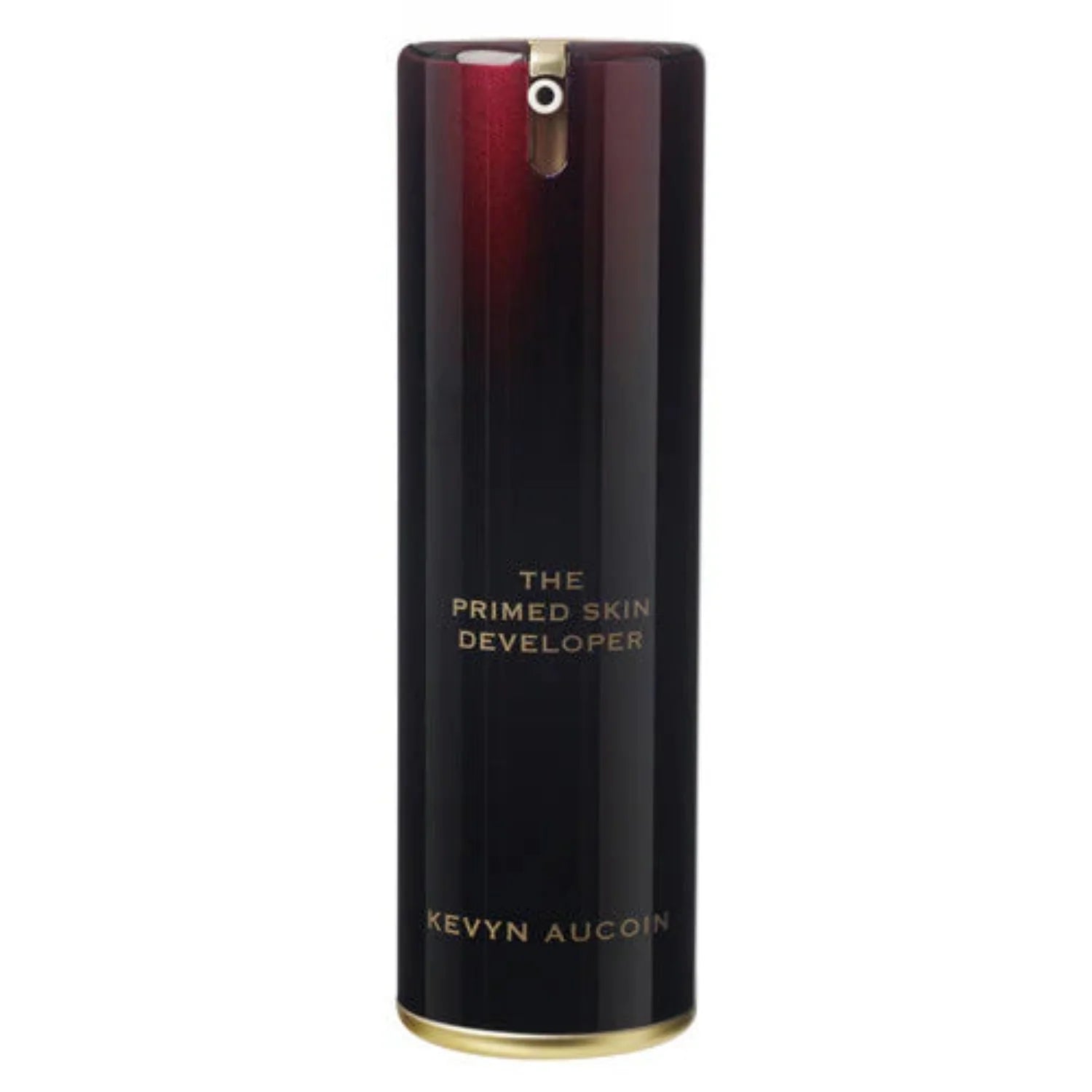 Cosmetic skin developer bottle by Kevyn Aucoin, black with gold base and red cap