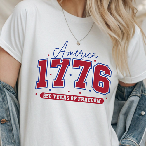 White crewneck T-shirt with America 1776 and 250 years of freedom print