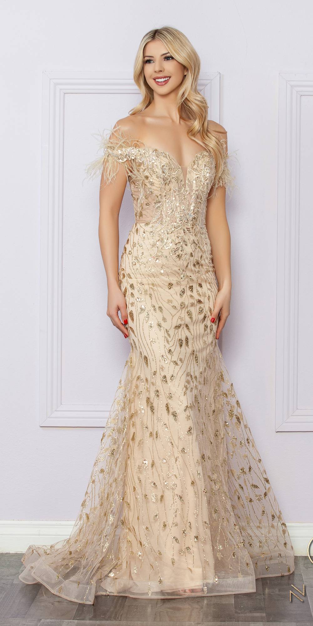 Champagne long glitter embroidered gown with off-shoulder lace appliques
