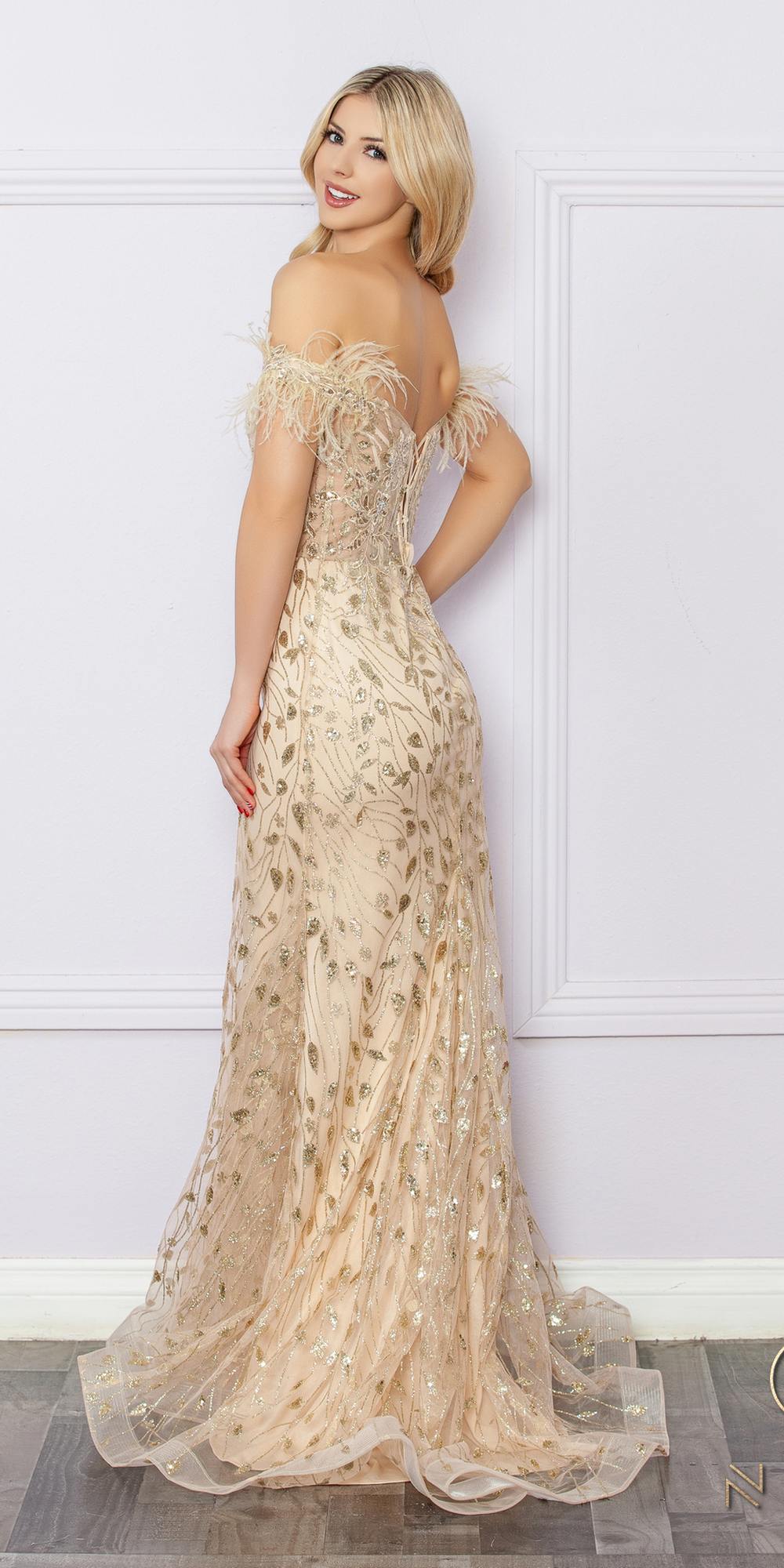Champagne long glitter embroidered gown with off-shoulder feathered sleeves