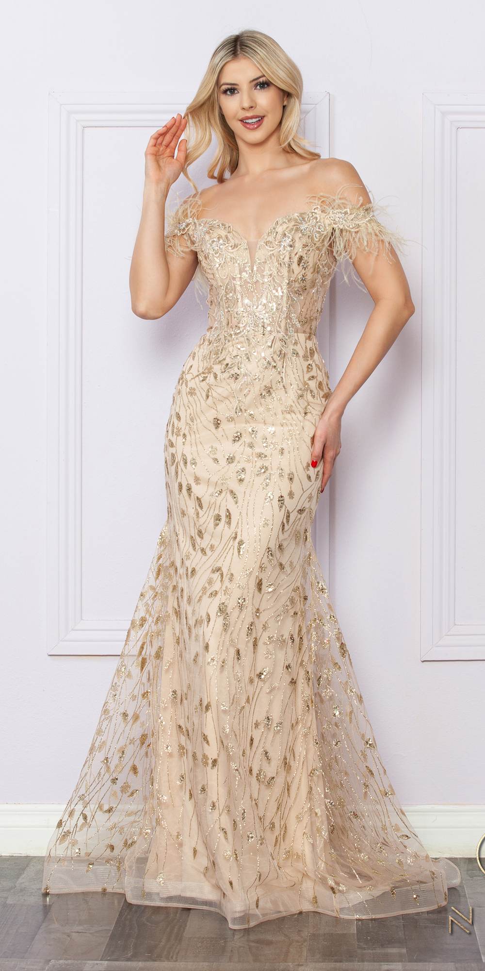 Champagne long glitter embroidered gown with off-shoulder feathered lace trim
