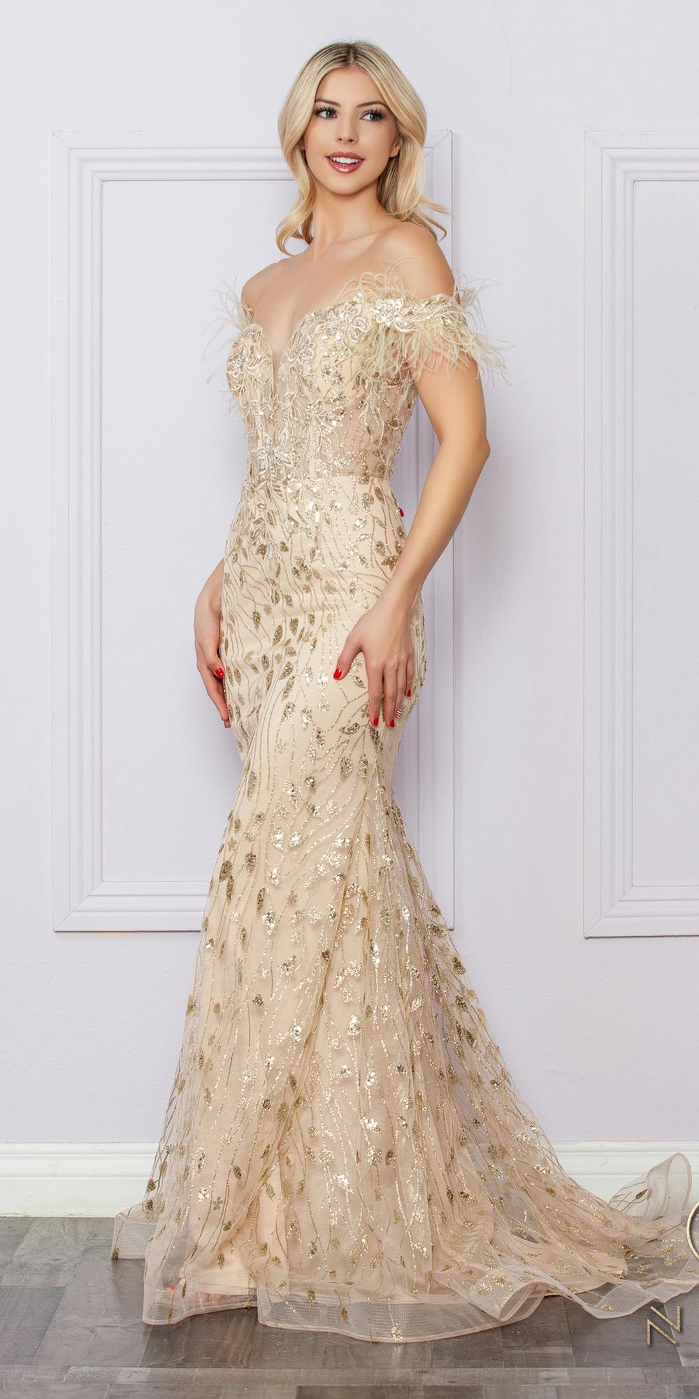 Champagne long glitter embroidered gown with off-shoulder scalloped lace appliques