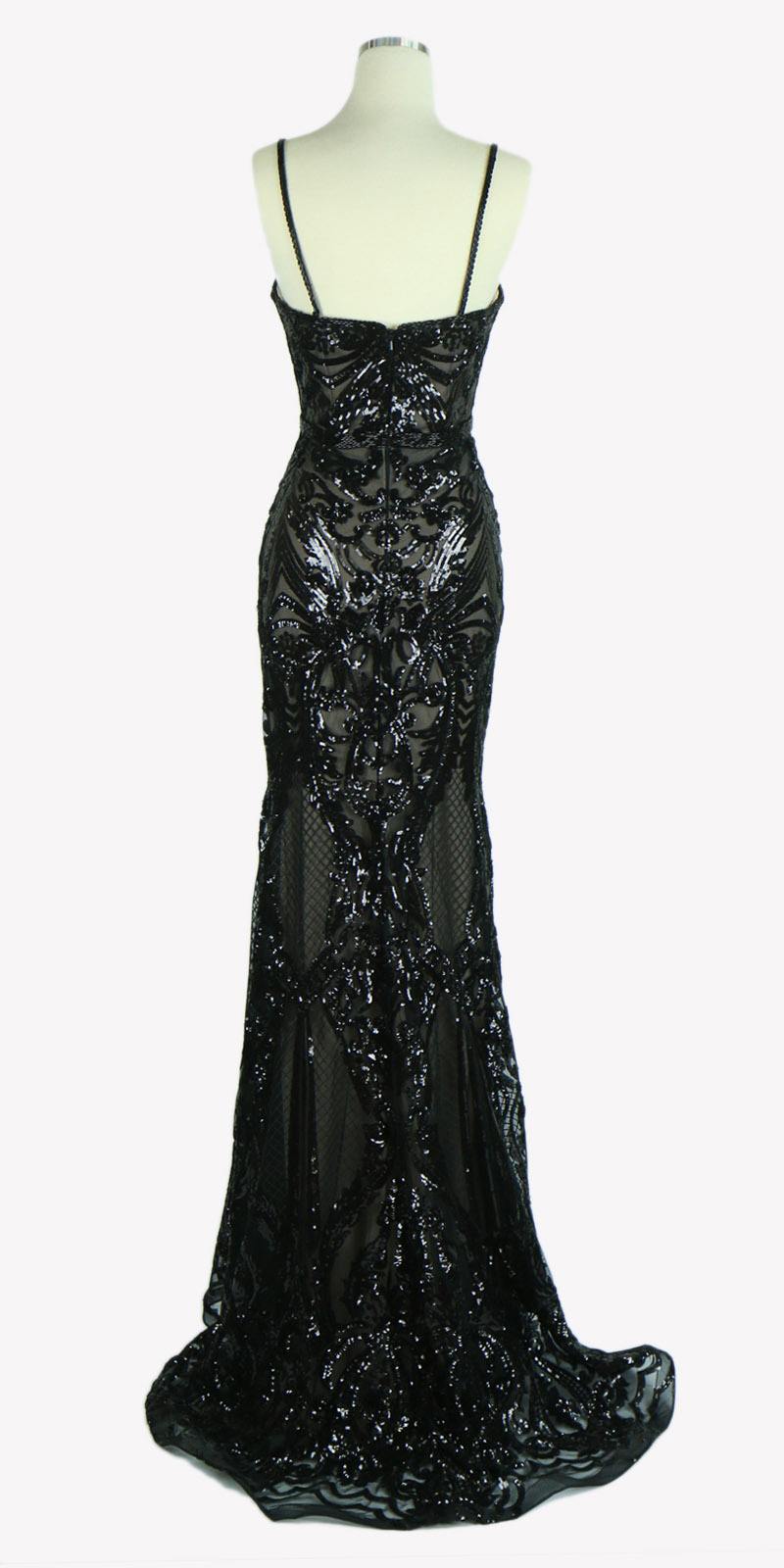 Black sequin evening gown on mannequin, open back straps, long fitted skirt