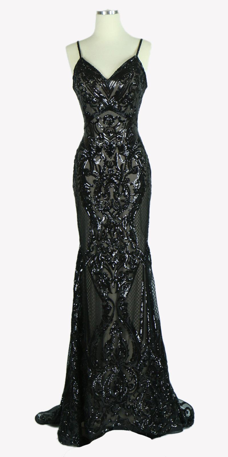 Black sequin evening gown on mannequin, V-back straps, long flared skirt
