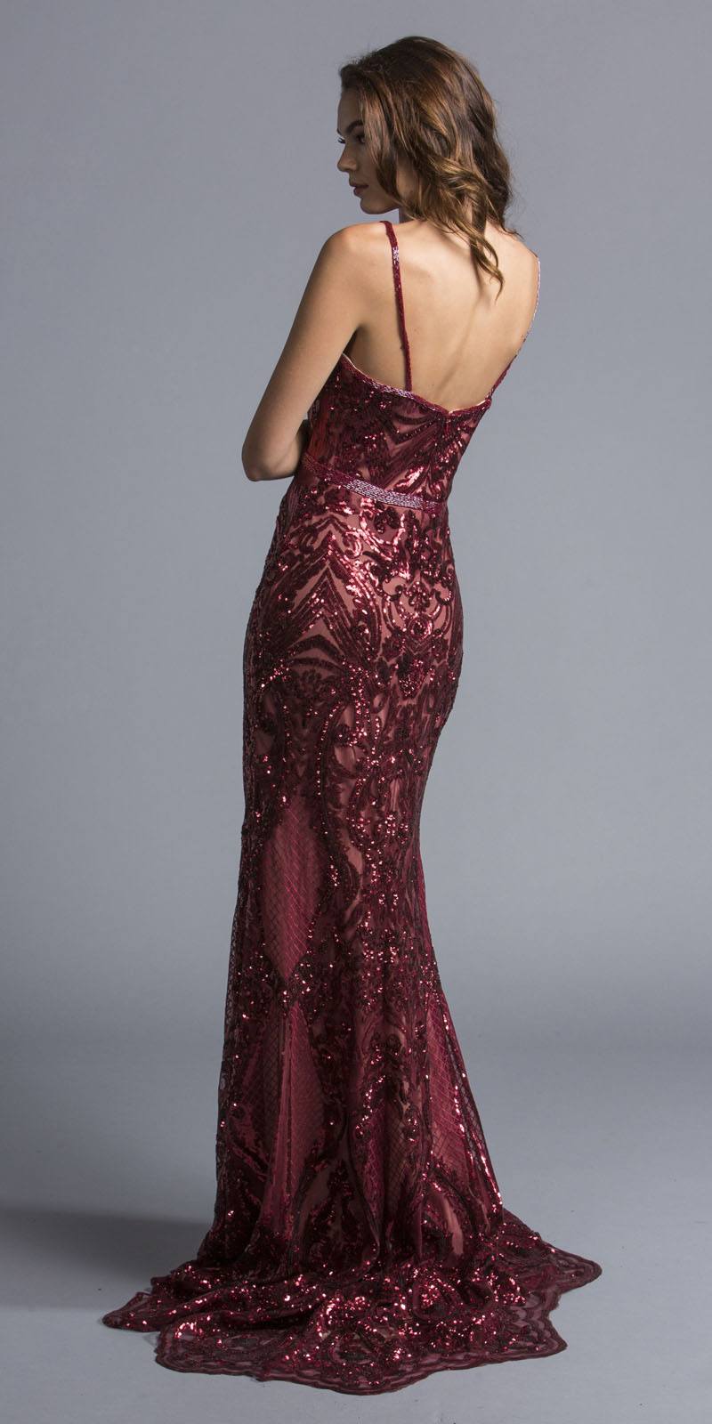 Burgundy sequin evening gown back view, thin spaghetti straps, long mermaid hem