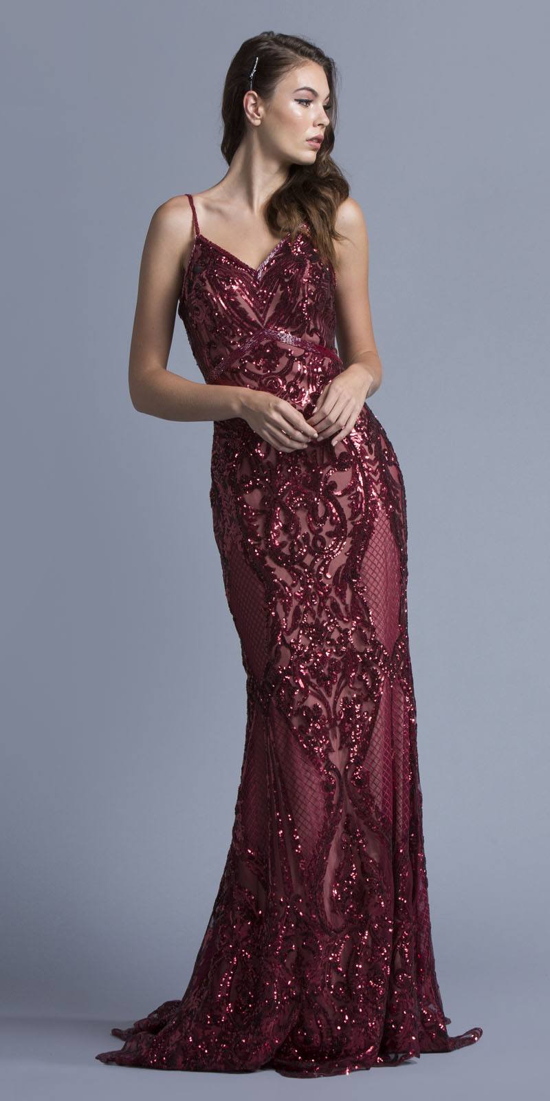 Burgundy sequin evening gown, V-neck with thin straps, long mermaid silhouette