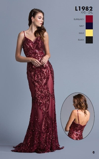 Burgundy sequin evening gown, V-neck, thin straps, long fitted mermaid shape