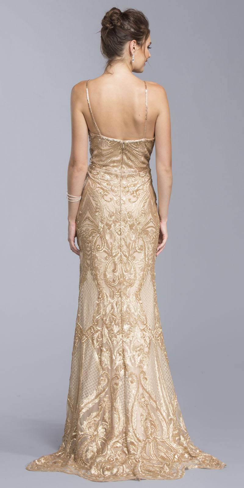 Gold sequin evening gown back view on mannequin, thin straps, long flared skirt