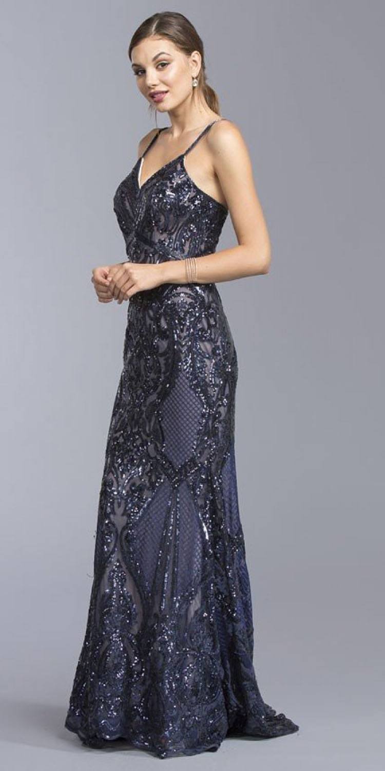 Navy blue sequin evening gown, V-neck, spaghetti straps, long fitted silhouette