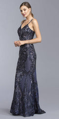 Navy blue sequin evening gown, V-neck, spaghetti straps, long fitted silhouette