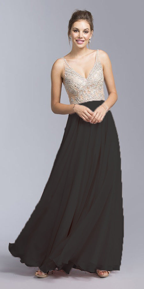 Illusion bodice beaded long dress with V-neck, silver mesh bodice and black skirt