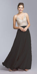 Illusion bodice beaded long dress with V-neck, silver mesh bodice and black skirt