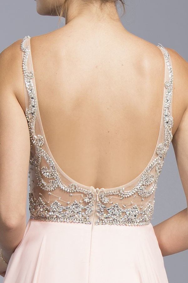 Illusion bodice beaded long dress back detail with open back and silver beaded straps