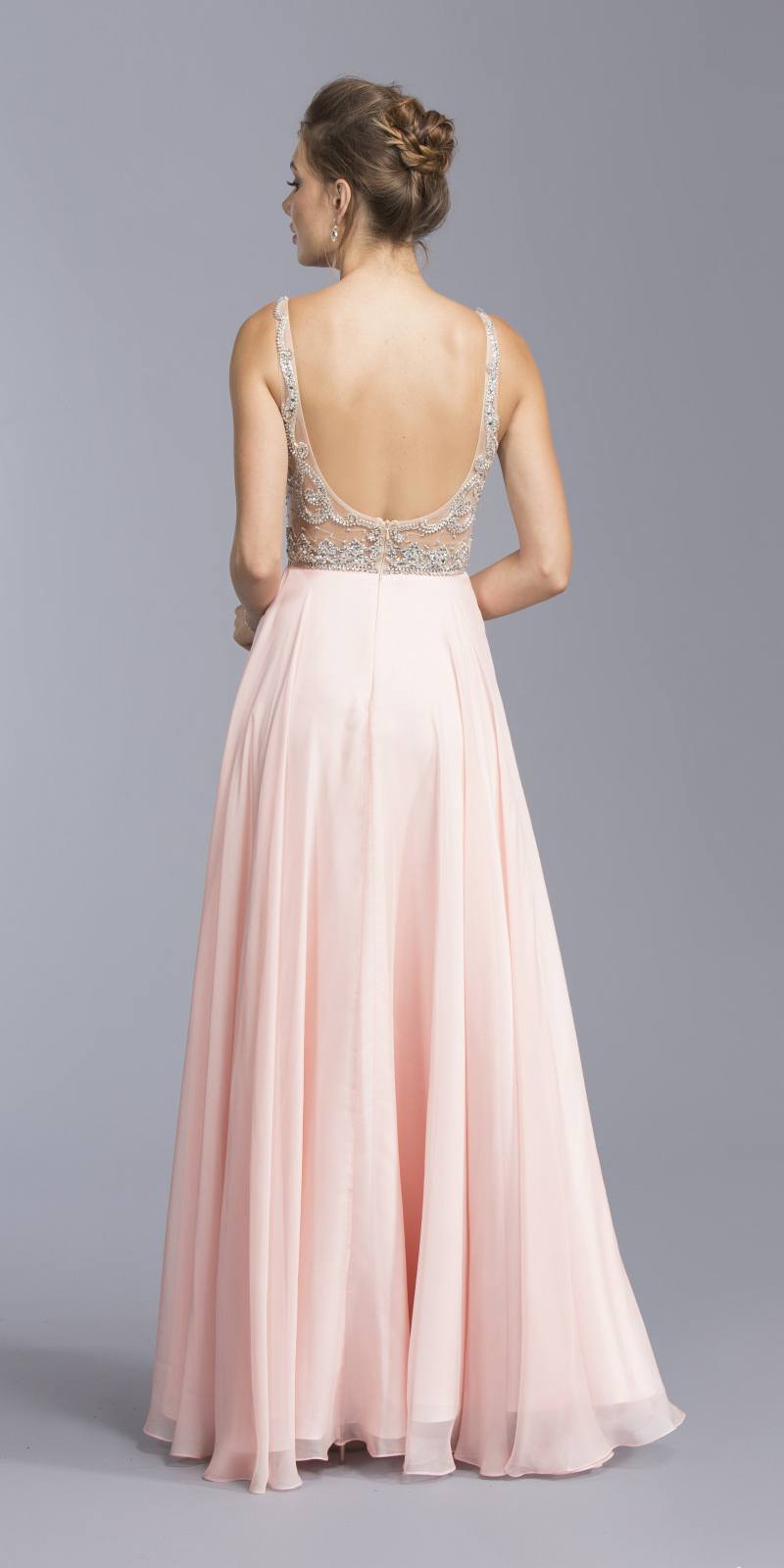Illusion bodice beaded long dress, open back with silver beaded straps and pink skirt