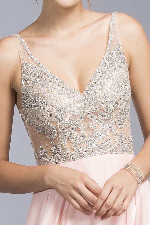 Illusion bodice beaded long dress front bodice with V-neck, silver beadwork and pink skirt