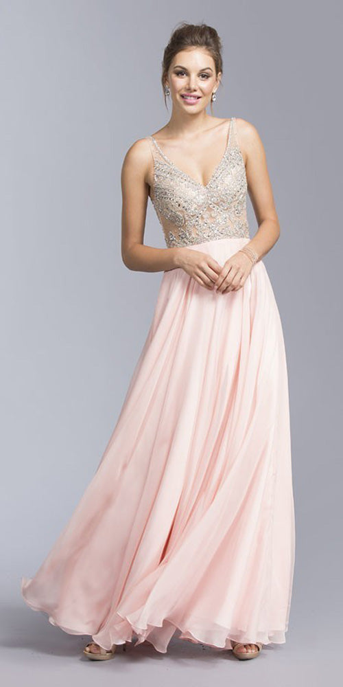 Illusion bodice beaded long dress with V-neck, silver beaded bodice and blush-pink skirt