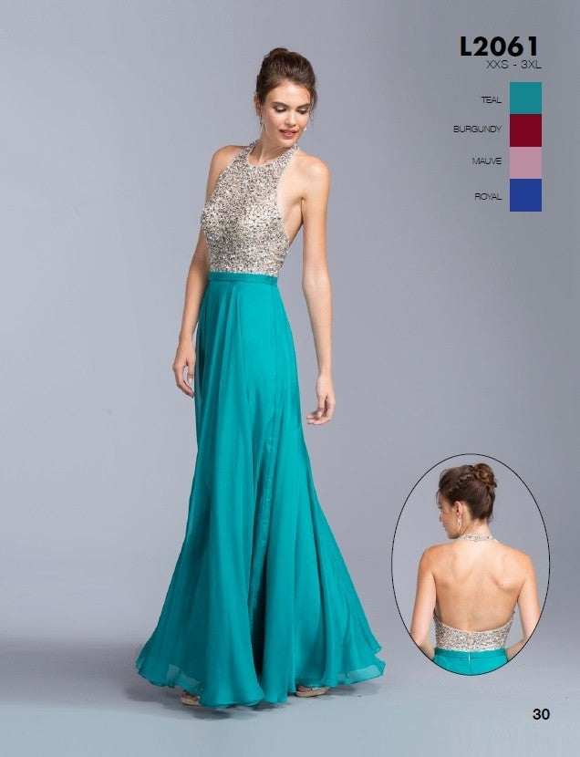 A-line formal dress with silver sequin halter, teal skirt, and open back