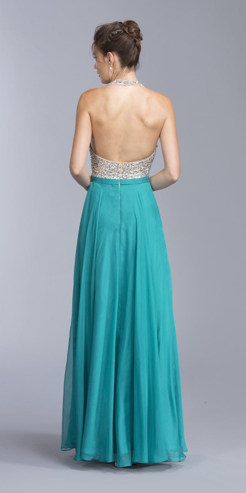 A-line formal dress with teal skirt and open-back silver sequin halter