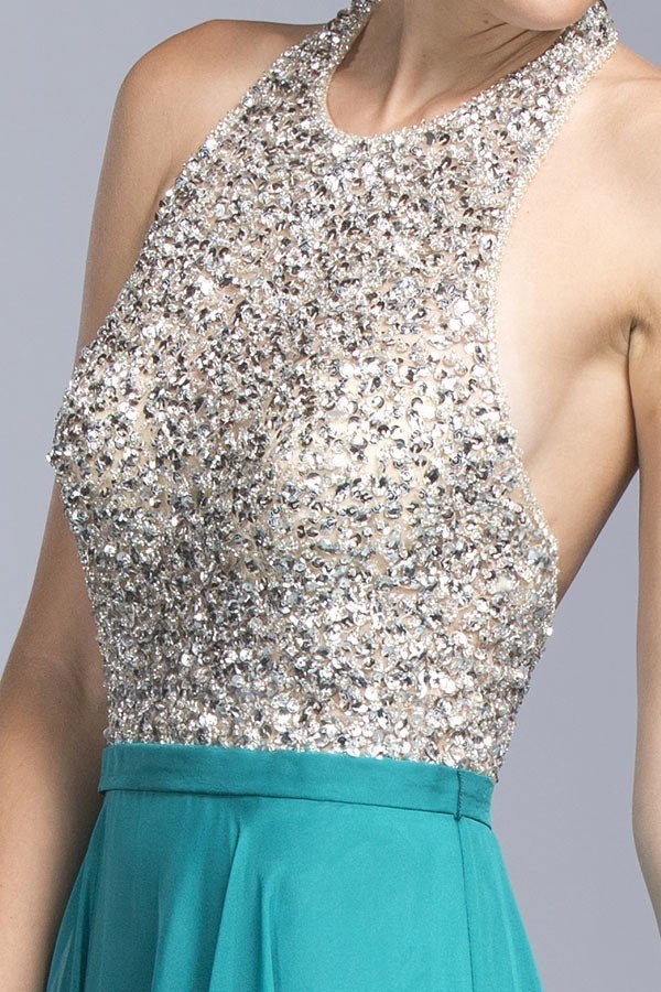 Silver sequin halter bodice with teal waist band on A-line formal dress