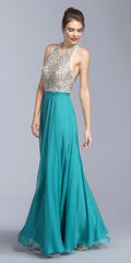 A-line formal dress with teal skirt and silver sequin halter bodice