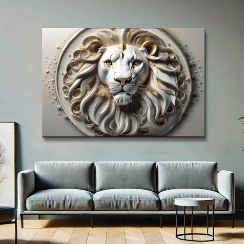 3D lion wall art with white mane and gold accents, sculpted relief on gray oval panel