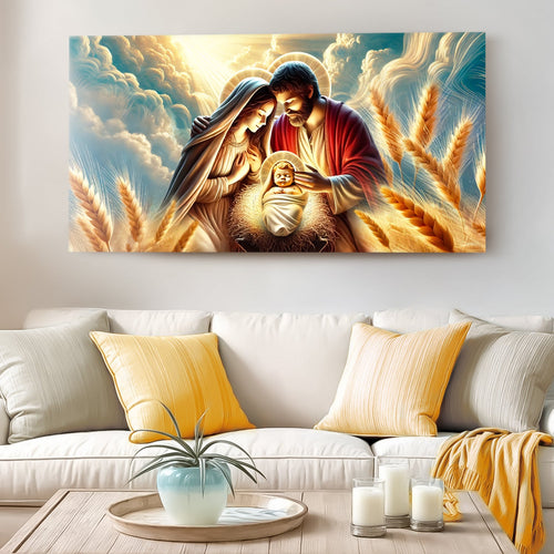 3D faith wall art canvas showing a saint holding a baby in golden wheat