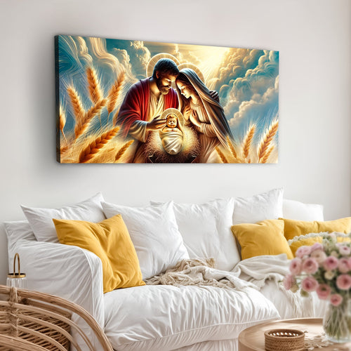 Landscape wall art canvas of a saint holding a baby among wheat and sunlit clouds