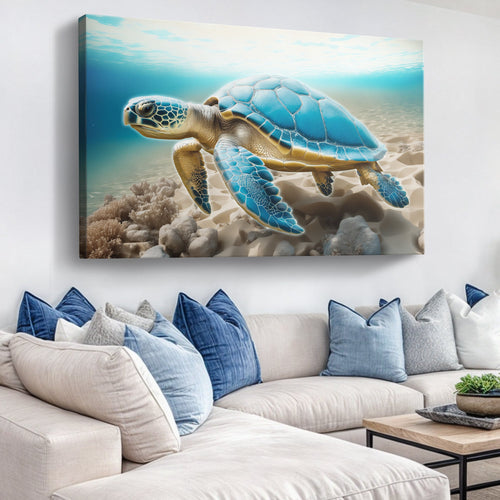 Seascape canvas wall art with a blue sea turtle swimming over ocean rocks