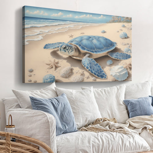 Wall art canvas featuring a blue sea turtle on a sandy shoreline with seashells