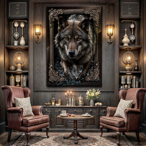 Framed wolf wall art with ornate dark-gold edging, centered on a dog portrait canvas