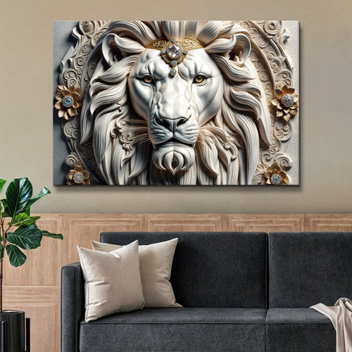 Silver and gold lion wall art panel with detailed mane and floral corner accents