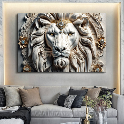 Majestic lion wall art in silver and gold with ornate relief mane and crown detail