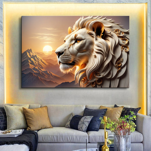 3D majestic lion wall art: white lion with golden eyes, 3D mane, sunset mountains scene