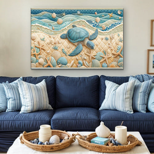 Coastal wall art with blue sea turtle, seashells, and starfish in ocean waves scene