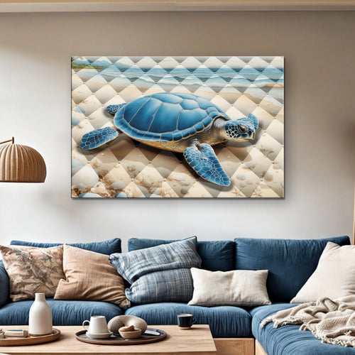 Coastal sea turtle wall art print with blue turtle on a beige pebble and stripe scene