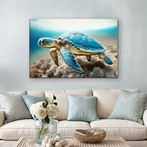 Seascape wall art featuring a blue sea turtle over coral and ocean water